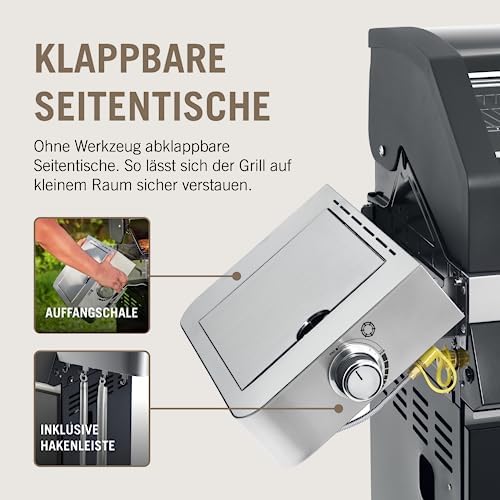 Bild 3 - RÖSLE Gasgrill BBQ-Station VIDERO G3-S Schwarz, Grill mit 3 Edelstahlbrennern, extra Primezone und Seitenbrenner, klappbare Seitentische, VARIO+, pulverbeschichteter Stahl