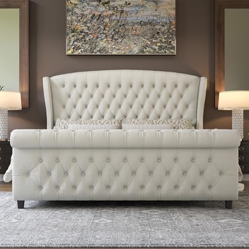 Image of AMERLIFE California King Size Platform Bed Frame, Velvet Upholstered Sleigh Bed with Scroll Wingback Headboard & Footboard /Button Tufted /No Box Spring Required /Cream