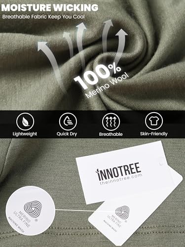 innotree Men's Merino Wool T-Shirt, 100% Organic Merino Wool Undershirt Lightweight Crew Short Base Layer for Hiking,Dark Green,Large3