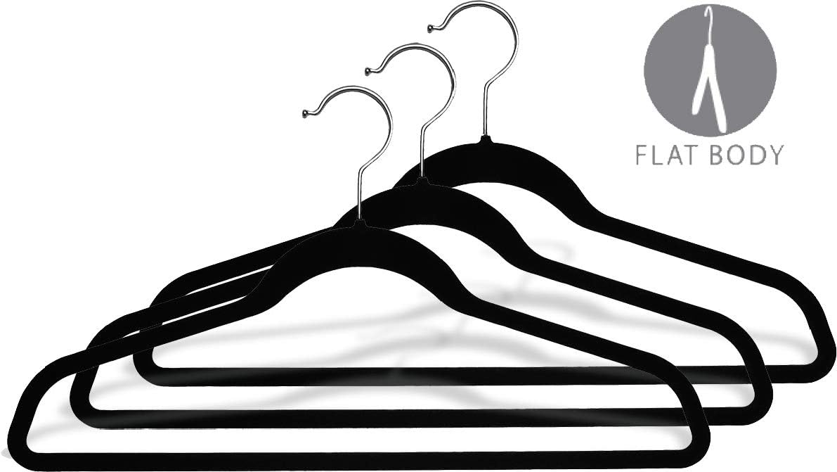 Black Velvet Ultra Thin Slimline Hanger with Fixed Bar, Space Saving Flocked Suit Hangers with Chrome Hook (Set of 50) by The Great American Hanger Company