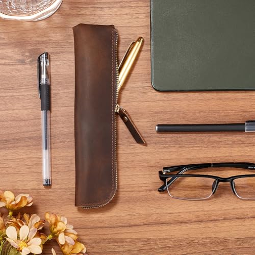 GORGECRAFT Leather Pencil Case Crazy Horse 202 * 50 * 17mm Genuine Leather Pencil Pouch Coffee Ultra Slim Rectangular Portable Zippered Pen Cases with Zipper for Men and Women Office Supplies - Image 4