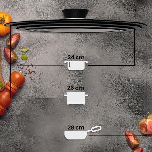Miniatura 5 de Elma Set De 2 Tapa Sarten Universal Para Ollas, Sartenes Y Cazuelas Cristal Templado Con Borde De Silicona Resistente Al Calor, Multi Medida Ø16-18-20 Y Ø24-26-28 Cm