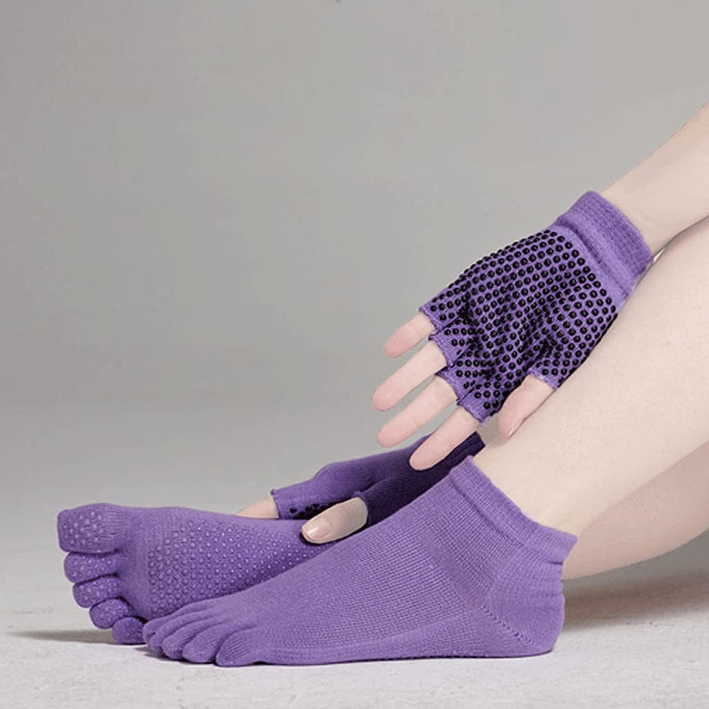 Rękawiczki, Skarpetki Damskie Do Jogi Zestaw Rękawic 1 Para Skarpetek + 1 Para Rękawiczek Skarpetki Z Pięcioma Palcami + Rękawiczki Z Pół Palca Do Tańca Fitness Pilates,Wielka Brytania 4-6,Fiol