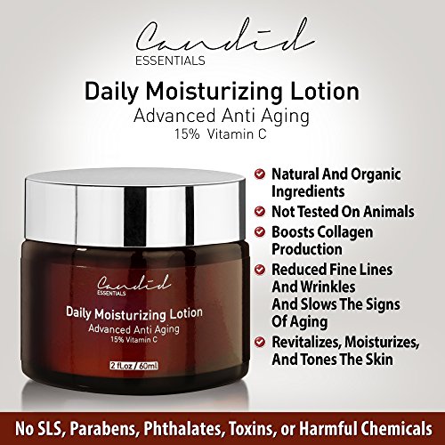 Daily Moisturizer, Organic & Natural Facial Moisturizer for Face, Neck & Décolleté & Hands. Anti Aging Cream with 15% Vitamin C for Collagen, Wrinkles & Hydrate Skin Effectively, by Candid Essentials®