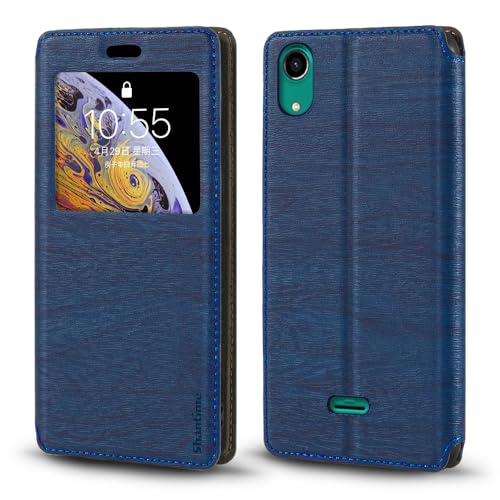 Shantime Étui Rabat Cuir Fenêtre Compatible avec Wiko Rainbow Lite 4G, Élégant Affichage Transparent, Fermeture Magnétique Cachée Porte-Carte(Bleu)