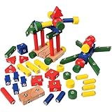 Constructive Playthings Children's Snap N Play Building Blocks for Toddlers 3-5 Years with Drawstring Bag for Block Storage, STEM Toys, Durable Hardwood Manipulatives, Multicolor, 65 pcs.