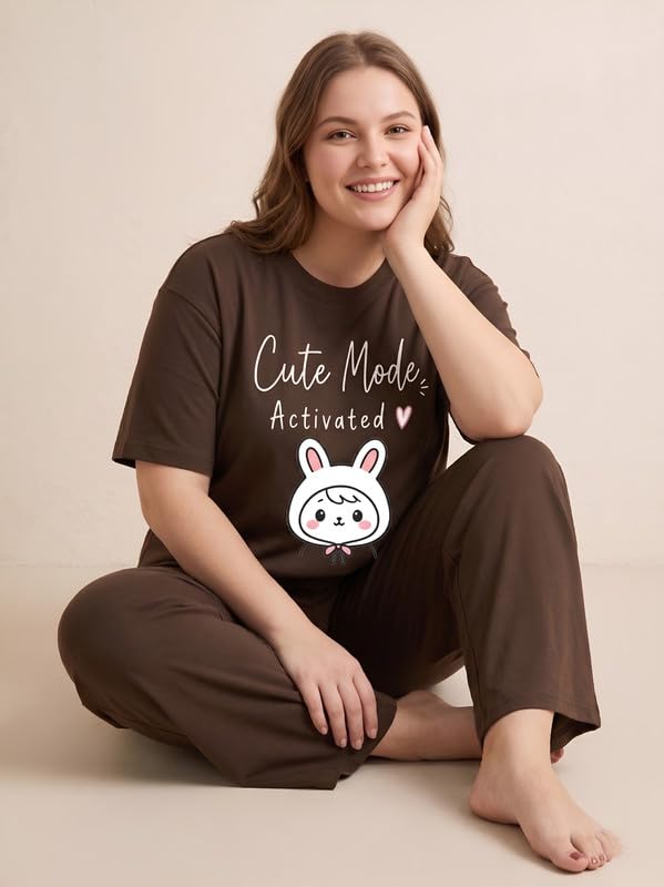 Image of My Swag Womens Nightsuit Set | Cute Bunny Graphic Print T-Shirt & Pajama | Soft Breathable Sleepwear and Loungewear Co-Ord Set for Women