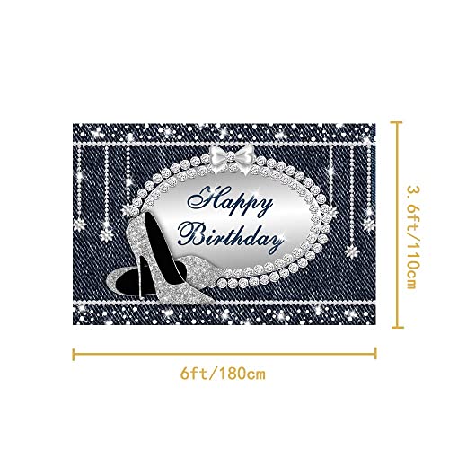 Csfoto 6X3.6Ft Happy Birthday Backdrop Denim And Diamonds Birthday Banner Sign Poster For Girls Women Birthday Party Decorations Banner Silver High Heels Birthday Party Supplies #TOP1