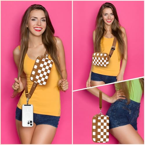 Image of YFWE Clip and Go Strap for Phone with Wallet Crossbody, Adjustable Phone Lanyard with Detachable RFID Wristlet Wallet, Phone Strap with Phone Tabs for All Phones, Bronze Checkered (L)