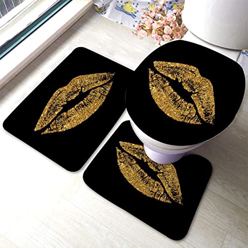 Badezimmerteppich-Set, 3-teilig, Motiv „Golden Funkelnde Lippen“, waschbare Badteppiche, rutschfest, mit Rückenpolster, Konturteppich und Toilettendeckelbezug