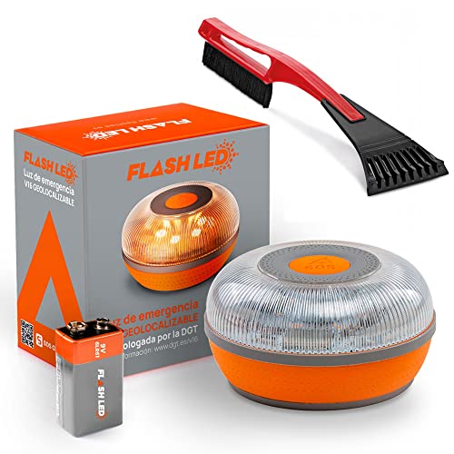 FLASH LED SOS Luz de Emergencia V16 Conectada Homologada DGT 3.0 OBLIGATORIA, SIM y Servicio DE Datos Incluido hasta 2038, Base Imantada, Resistencia al Agua y Polvo IP54 + rascador Hielo