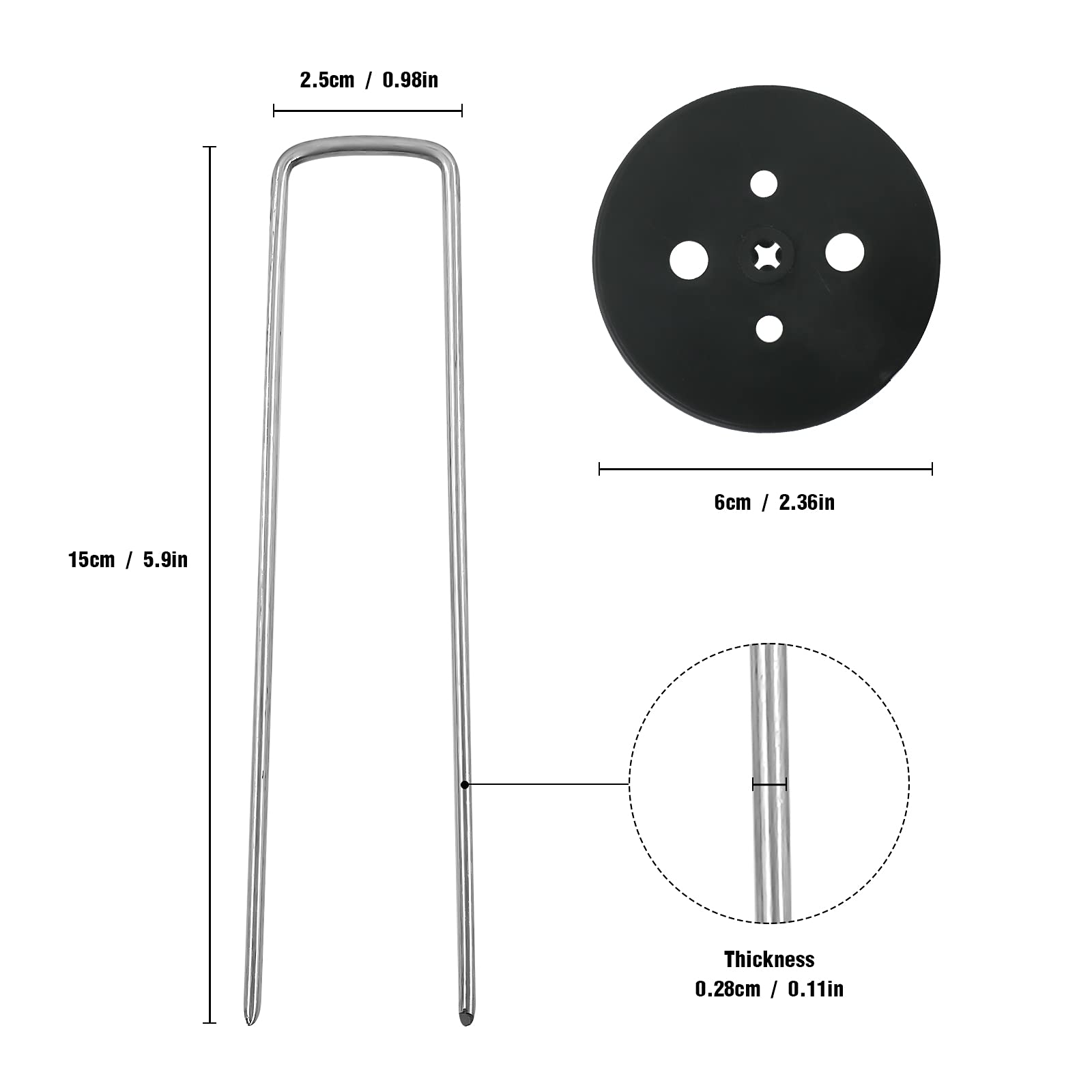 AGAKY Picchetti da giardino in metallo zincato, 50 pezzi con 50 rondelle, a forma di U, per controllo dell'erba, reti, prato, telo da terra, paesaggio, recinzione, 150 mm