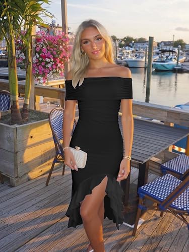 BORIFLORS Women's Sexy Off The Shoulder Bodycon Midi Dresses Elegant Ruched Ruffle Hem Cocktail Party Dress4