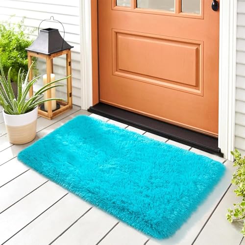 Image of Naze Carpet for Hallway, Kitchen, and Modern Interiors, Contemporary Color Block Area Rug - Cozy Shag Runner for Living Room, Entryway & Office Decor ETC Size 1.5x3 feet, Patten-Solid Ivory Turqoice