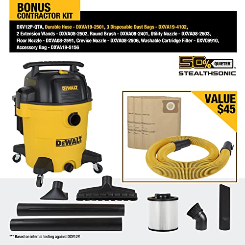 Image of DEWALT 12 Gallon STEALTHSONIC Ultra Quiet Poly Wet Dry Vacuum, DXV12P-QTA Powerful Suction Noise Reduction Vac, 5.5 Peak HP Shop Vacuum for Jobsite /Workshop, Reduce Motor Noise, Yellow