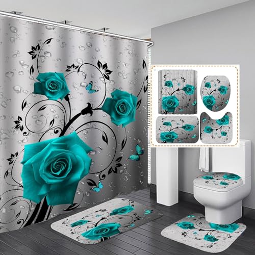 Juego de Cortinas de Ducha con Rosas y Cortinas de Baño con Alfombra 8