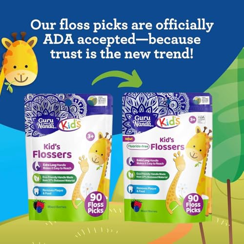 Image of GuruNanda Dental Floss Picks, Berry Flavor, 90 Count, for Kids | Pack of 2 | Giraffe-Shaped | Anti-Slip Design | Ages 3+