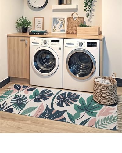 Image of Handwoven 100% Natural Cotton Designer Rug Bedroom Bedside Runner Living Room Carpet 2x5 Feet 60x152 cm Green Leaves Pattern