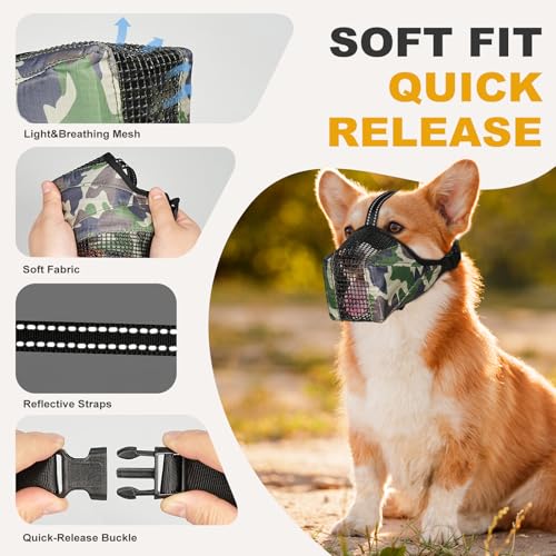 Image of Mesh Dog Muzzle, Breathable Soft Dog Muzzle with Reflective Straps for Secure Fit, Prevents Biting, Chewing Scavenging- Adjustable for Small Medium Large Dogs,Camo,XS