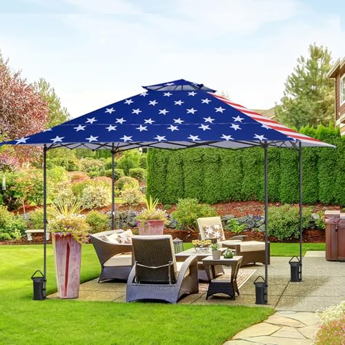 EAGLE PEAK 13x13 Straight Leg Pop Up Canopy Tent Instant Outdoor Canopy Easy Single Person Set up Folding Shelter w/Auto Extending Eaves 169 Square Feet of Shade (American Flag)