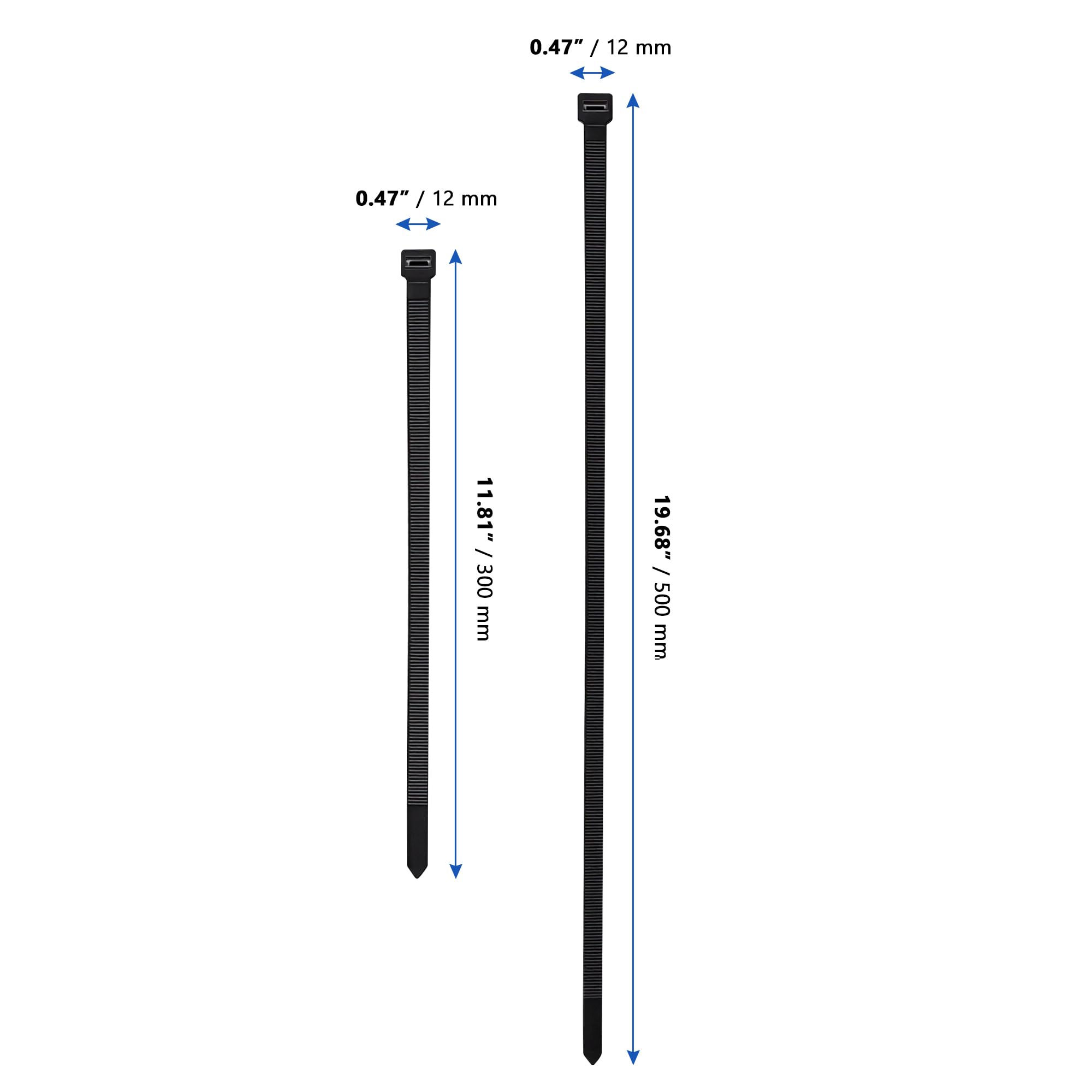 200 fascette stringicavo nere resistenti ai raggi UV, 500 mm e 300 mm di lunghezza, 12 mm di larghezza, in nylon extra forti, set di fascette per cavi, giardinaggio, cantiere