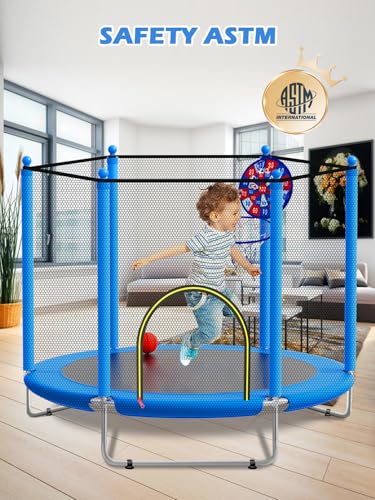 BLUERISE 60" Trampoline for Kids, 5FT Toddler Trampoline for Kids Indoor/Outdoor Baby Trampoline with Adjustable Gymnastics Bar & Safety Net, Swing, No-Gap Safe Design, Gifts for Ages 1-8 Boys & Girls - Image 3