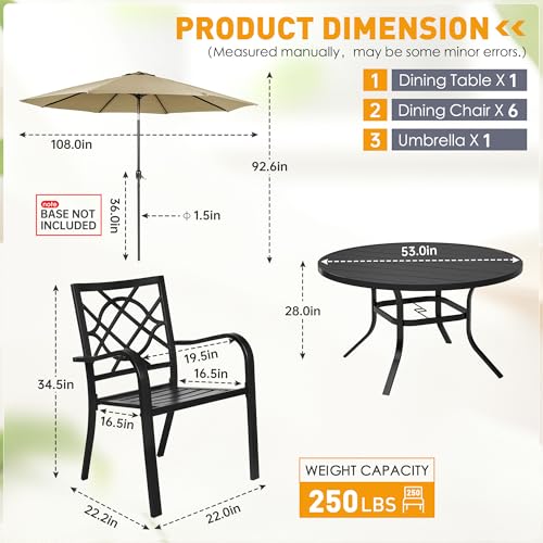 Image of SUNCROWN 8-Piece Outdoor Wrought Iron Chairs and Table Patio Dining Furniture Set-6 Stackable Metal Chairs, 1 53 inch Round Bistro Table and 1 Brown 9Ft Patio Umbrella for Garden Backyard Deck