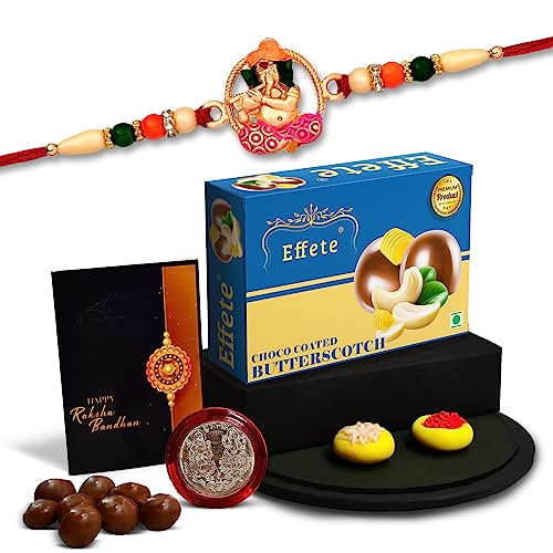 Image of DeoDap Multicolor Idol ganesh rakhi / Bracelet (K1 522 BS32) & Effete Chocolate Butter Scotch 32gm, with Silver Color Pooja Coin, Roli Chawal & Greeting Card, Occasion, Rakhi Combo with card and chocolate, chocolates gift pack, Rakhi & Chocolate for brother, rakhi with gift, Set of 1 Rakhi
