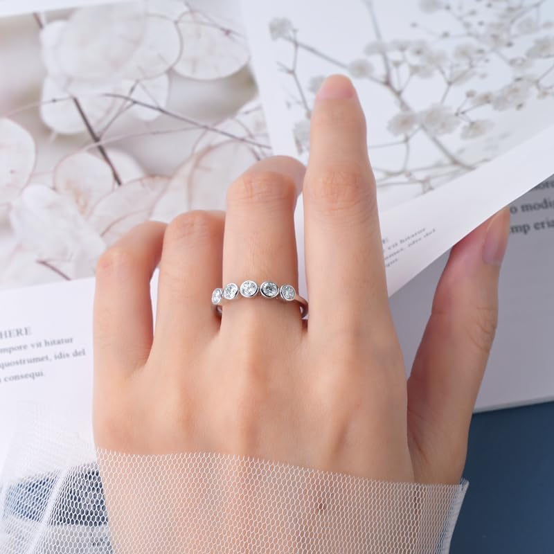 JIHANNA 0.50CTTW Moissanite Wedding Band Ring, D Color VVS1 Clarity Round Brilliant Cut 925 Sterling Silver 5-Stone Half Eternity Band Bezel Setting