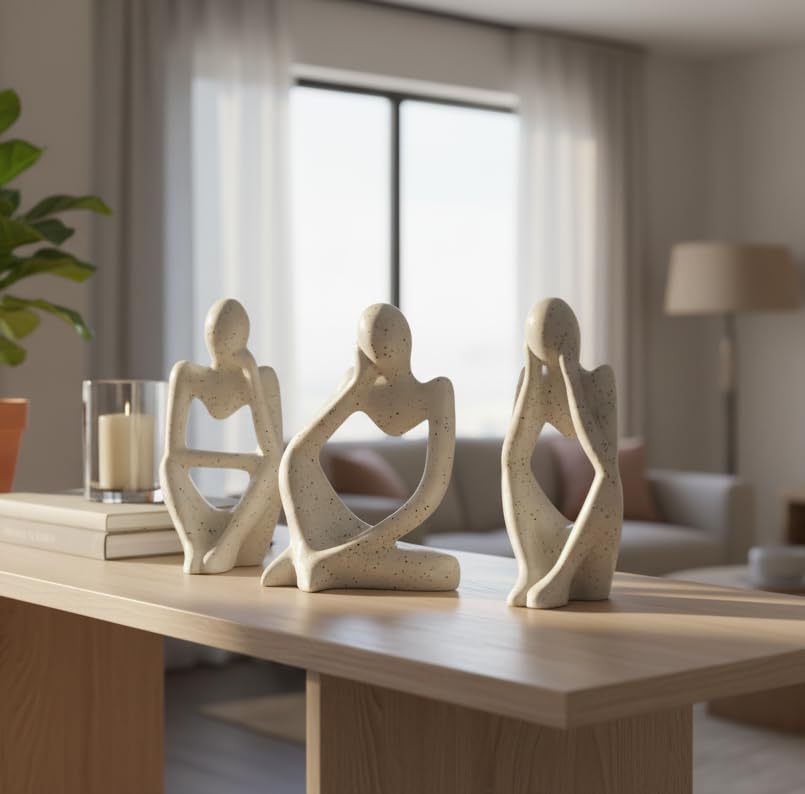 Image of Thinker Men Statue Set of 3 Modern Art Showpiece Sculpture Decoration Items for Home Decor Living Room Bedroom Bookshelf Table Office (Beige Crystal Thinker)