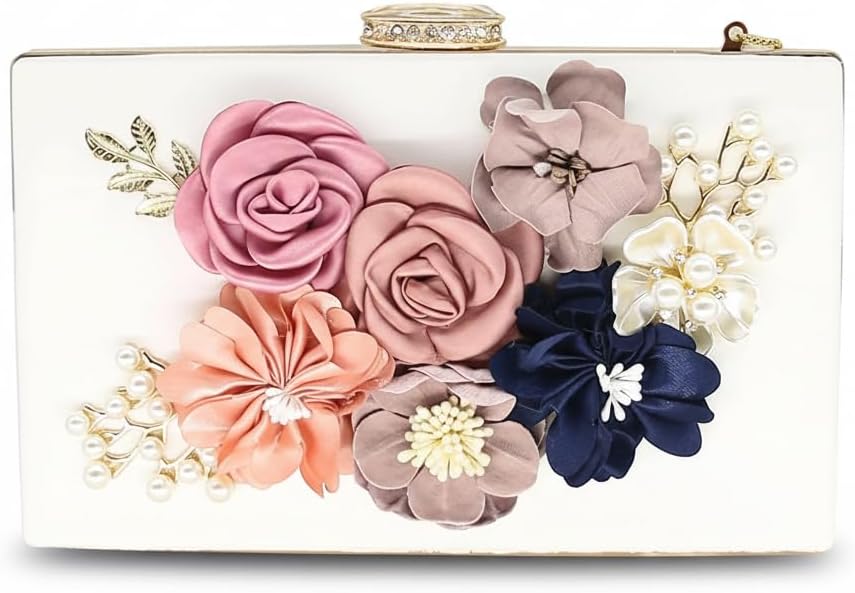 Shiiriin Women's 3D Floral Pearl Clutch Purse perfect for Bridal, Wedding, evening and Parties | 3D floral detail, Pearl accents, Hard case design, Lightweight carry, Fits essentials