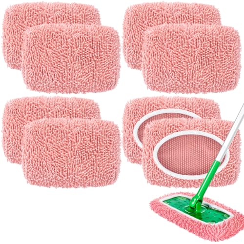 Nicemiya 8 Pack Reusable Mop Pads Compatible with Swiffer Sweeper, Microfiber Chenille Washable Swiffer Mop Pads, Dry & Wet Sweeping Mopping Cloths (Pink)