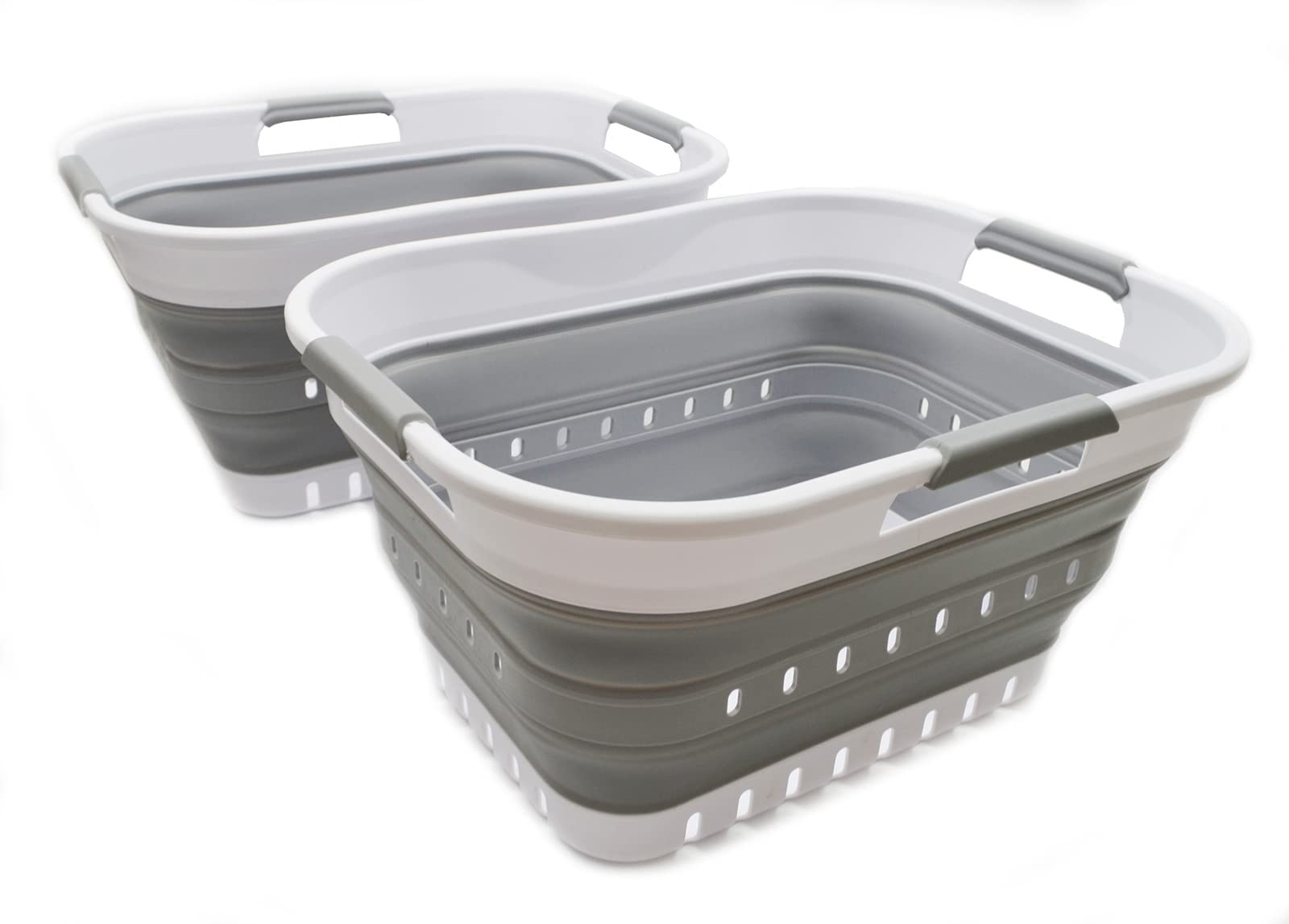 SAMMART 19L (5 gallon) Set of 2 Super Mini Collapsible 3 Handled Plastic Basket - Foldable Pop Up Storage Container/Organizer - Space Saving Hamper/Basket (2, White/Grey)