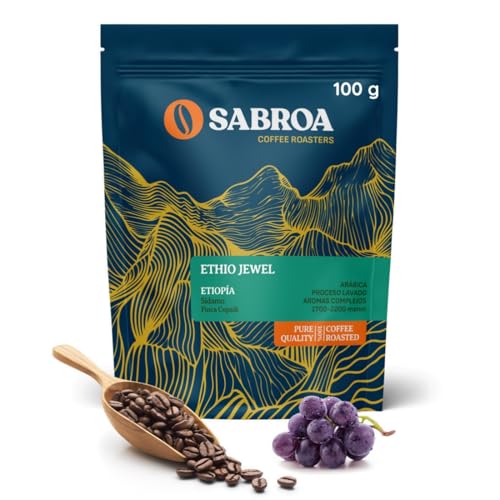 SABROA Café En Grano Especialidad Tueste Natural Origen 100% Arábica Sabor Aromático Intenso Alta Altitud Notas Acidez Equilibrada Ethio Jewel (100Gr, Etiopia Lavado)