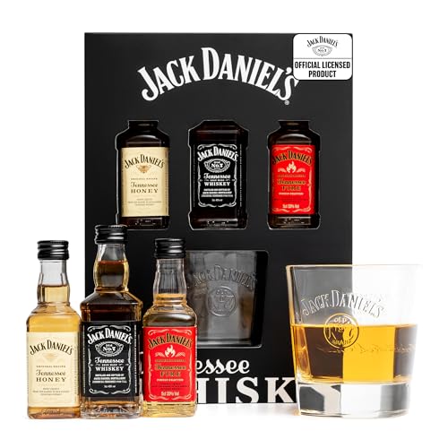 Jack Daniels Gift Set - Honey Fire JD Whisky Old No7 3x 5cl Mini Alcohol Bottles and JD Tennessee Whiskey Glass - Official Licensed Jack Daniels Gifts for Men Boyfriend Fathers Day