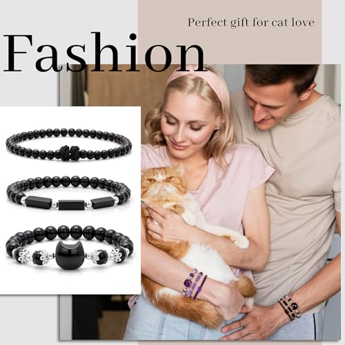 3Pcs Money Attraction Cat Bracelet - Black Obsidian Women Bracelets -Wealth Prosperity Abundance Stone Bead Bracelet,Crystal Spiritual Cute Protection Stretch Bracelet,Good Luck Feng Shui Bracelets For Women Gifts3