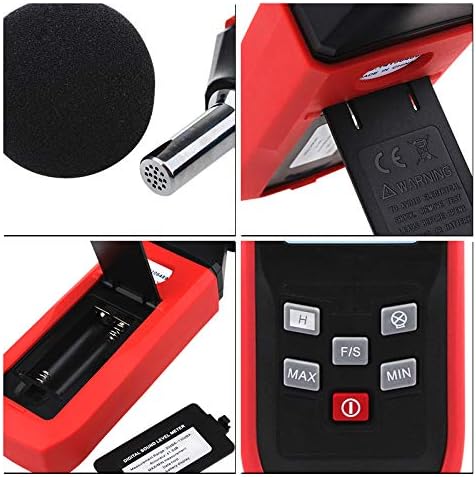 Close-up of TA8151 Digital Sound Level Meter showing microphone, battery compartment, and control panel