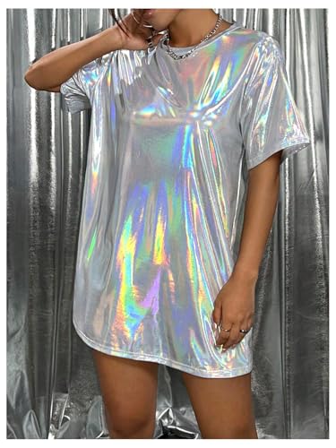SHENHE Women's Y2k Shiny Holographic Short Sleeve Metallic Party Disco Oversized Tshirt Dress2
