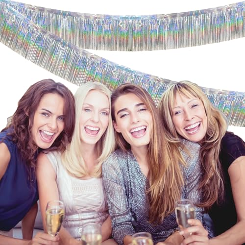 Image of 4 Packs 10 Feet Long Laser Silver Foil Fringe Garland Shiny Metallic Tinsel Wall Hanging Banner for Car Parade Birthday Parties Floats Wedding Baby Shower Ceremonies Bachelorette Garden Decorations