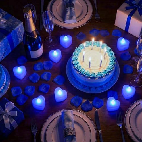 Image of Blue Happy Birthday Balloons Decorations Happy Birthday Letter Balloons Banner Set with 24pcs Heart Flameless LED Candles and 2000pcs Artificial Rose Petals for Women Men Room Party Decor