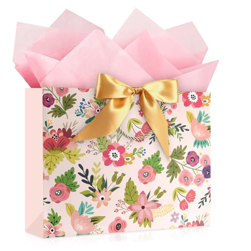 Image of JMANNI Mothers Day Gift Bags with Handles, 13 inch Medium Gift Bag for Presents, 1 Pcs Bags with 2 Tissue Paper and 1 Cards for Baby Shower Wedding Bridal Shower Mother's Day Birthday Party(Pink flowers)
