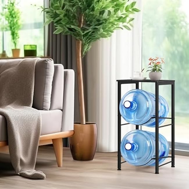 Water Jug Holder 5 Gallon Water Bottle Holder With Top Shelve 2 Tier Water Cooler Storage Rack Heavy Duty Water Dispenser Stand for Kitchen Living Room Office Black