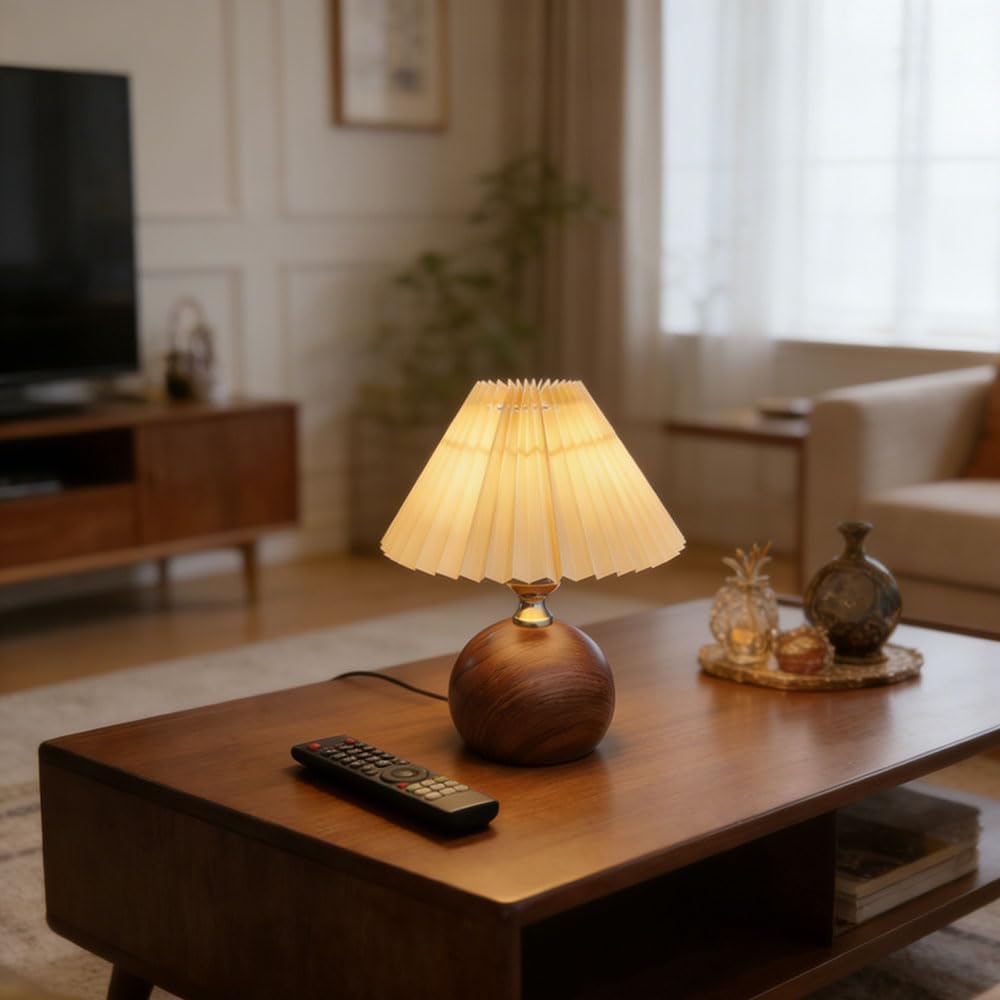 9.4" Wx11.4 H 3Color Temperature Adjustable Modern Table Lamp | Small Lampshade with Warm Light | Mini Lamp for Coffee Table, Bedside & Kitchen | Cute Pleated Fabric Shade, Walnut Brown Bulb Included