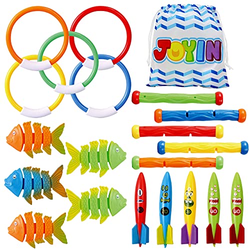 Joyin 20 Pcs Diving Pool Toys Set With Storage Bag Includes 5 Diving Sticks, 5 Diving Rings, 5 Toypedo Bandits, 5 Diving Fish Toys, Underwater Sinking Swimming Pool Toy For Kids #TOP7