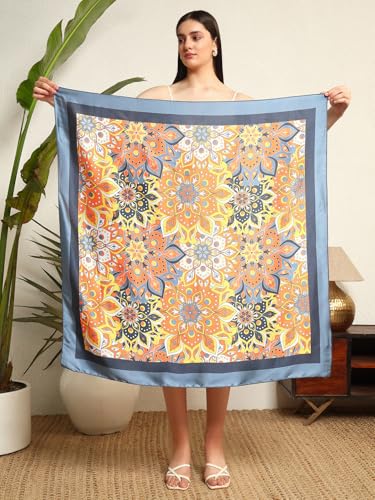 Image of Ravaiyaa - Attitude is everything Women Silk Digital Print Large Square Scarf Breathable Lightweight Neckerchief Printed Headscarf 40 inch x 40 inch Inch