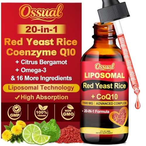 Ossual 20-in-1 Liposomal 1500MG Red Yeast Rice with CoQ10 Drops Organic Cholesterol Supplement with Citrus Bergamot Omega-3 Magnesium Astaxanthin for Heart Immune - Vegan Non-GMO | 2 Fl OZ