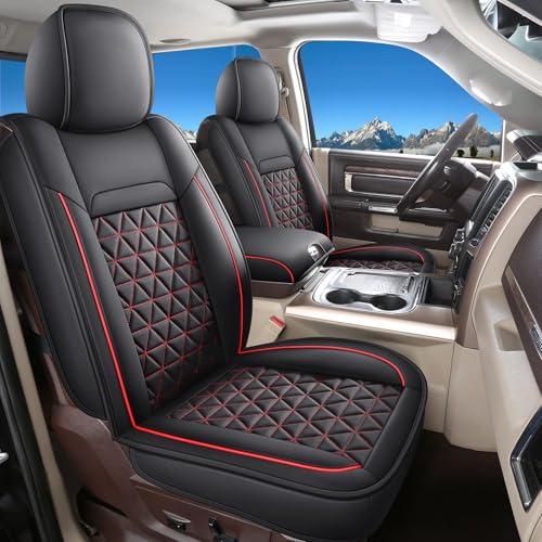 Image of Coverado Leather Car Seat Covers, Waterproof Dooge Ram 1500 Seat Covers Compatible with 2002-2026 Dodge Ram 1500 2500 3500 with Flat Bench (Full Set, Black&Red line)