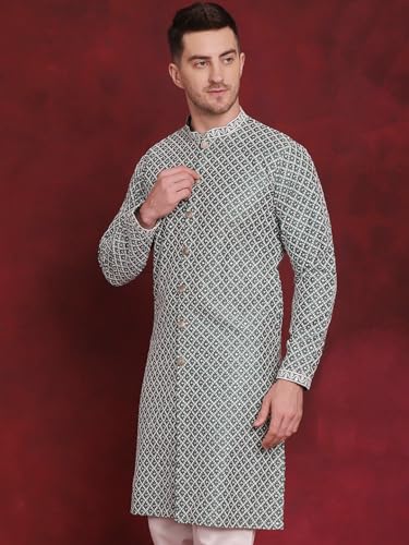Image of Jompers Men's Silk Blend Regular Fit Sequin Chikankari Front Open Kurtas