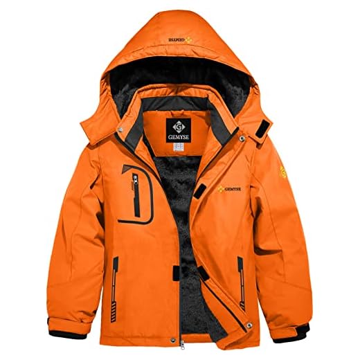 GEMYSE Boy's Waterproof Ski Snow Jacket Fleece Windproof Winter Jacket with Hood (Orange,6/7)