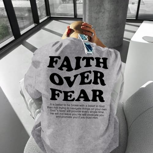 Image of Christian Shirts for Men Faith Over Fear Oversized Shirt Acid Wash Tshirt Graphic Religious T Shirt Bible Verse Tees